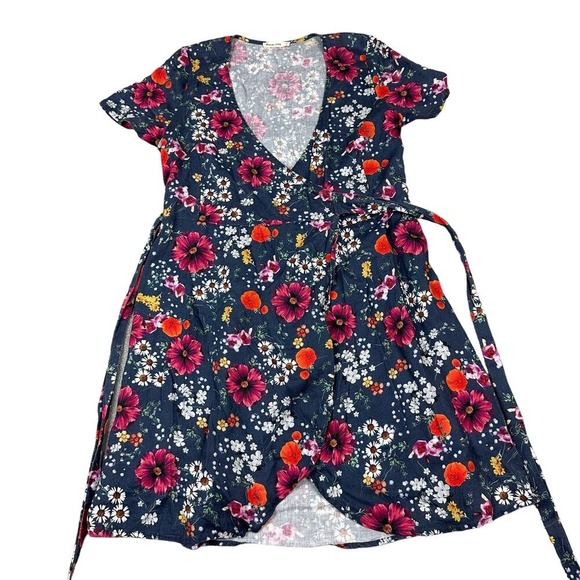 Marine Layer Floral Wrap Midi Dress Short Sleeve V Neck Navy Blue XS - Picture 2 of 9